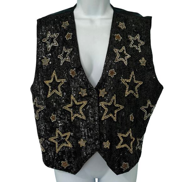 Vintage Jackets & Blazers - Vintage 90s Black Silver Gold Star Beaded Sequin Glam Snap Front Vest size M / L